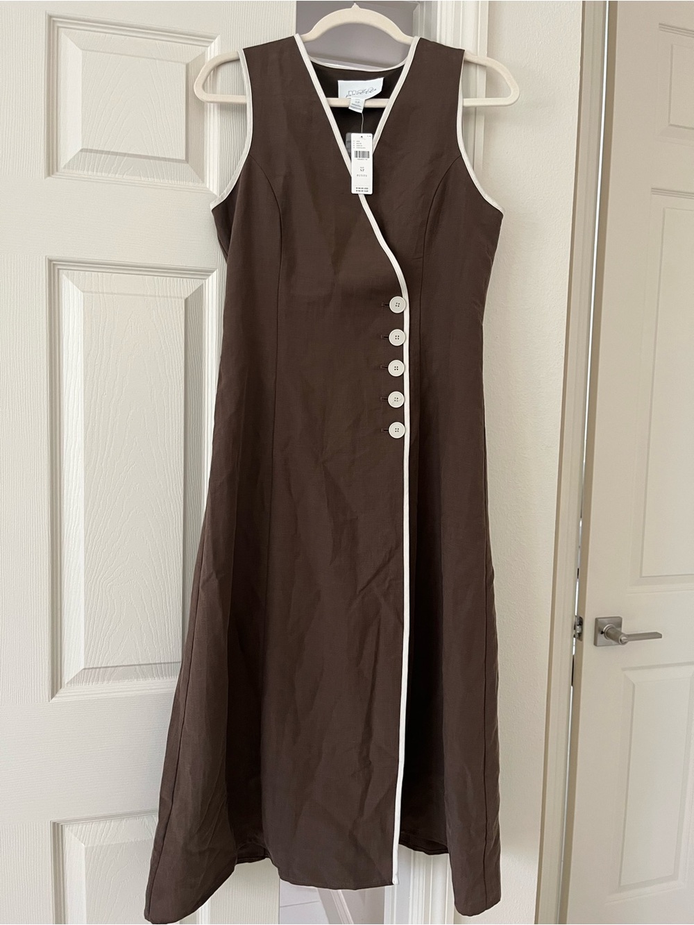 Mare Mare Anthropologie Brown One-Shoulder Wrap Dress with Cream Trim Small P - Picture 7 of 14